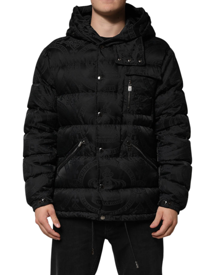 Dolce &amp; Gabbana Black Jacquard Quilted Puffer Hooded Jacket