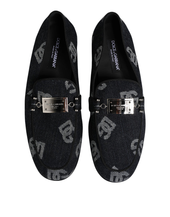 Dolce &amp; Gabbana Blue Logo Cotton Loafers Formal Dress Shoes