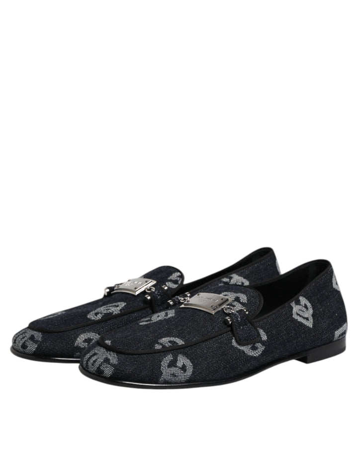 Dolce &amp; Gabbana Blue Logo Cotton Loafers Formal Dress Shoes