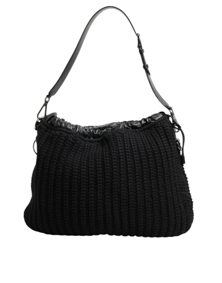 Dolce &amp; Gabbana Black Cashmere Knitted Leather Shoulder Women Borse Bag