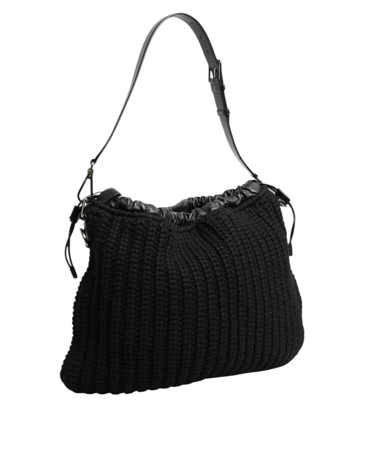 Dolce &amp; Gabbana Black Cashmere Knitted Leather Shoulder Women Borse Bag
