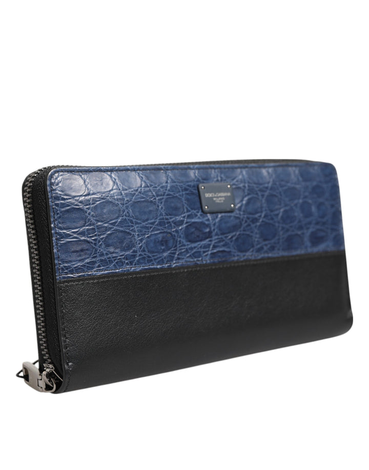 Dolce &amp; Gabbana Black Blue Exotic Leather Men Continental Clutch Wallet