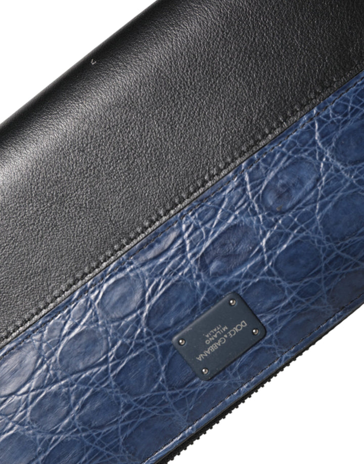 Dolce &amp; Gabbana Black Blue Exotic Leather Men Continental Clutch Wallet