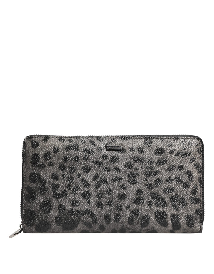Dolce &amp; Gabbana Black Gray Leopard Leather Zip Around Continental Wallet