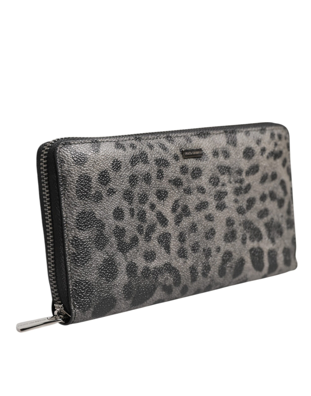 Dolce &amp; Gabbana Black Gray Leopard Leather Zip Around Continental Wallet