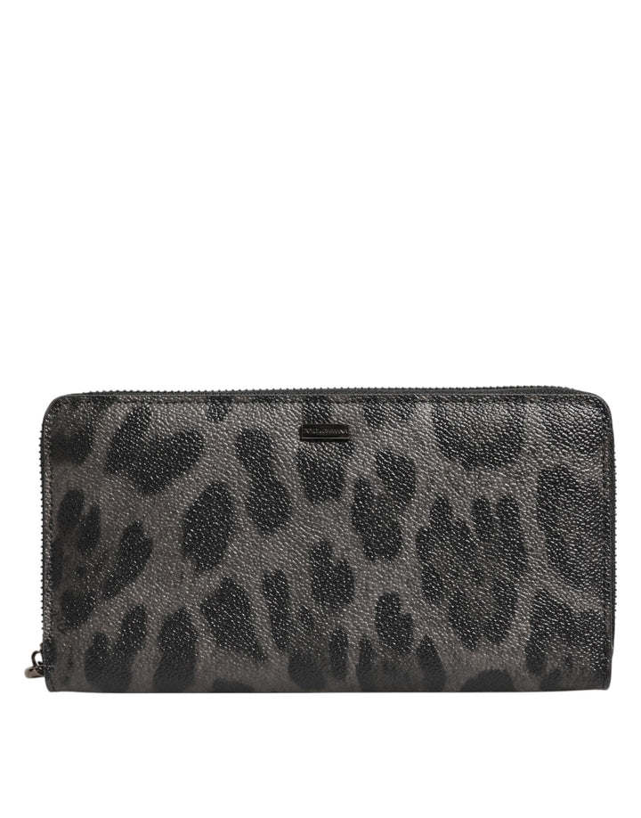 Dolce &amp; Gabbana Black Gray Leopard Leather Zip Around Continental Wallet