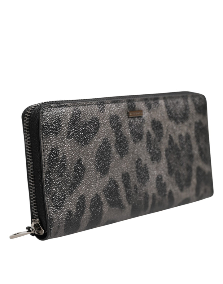 Dolce &amp; Gabbana Black Gray Leopard Leather Zip Around Continental Wallet