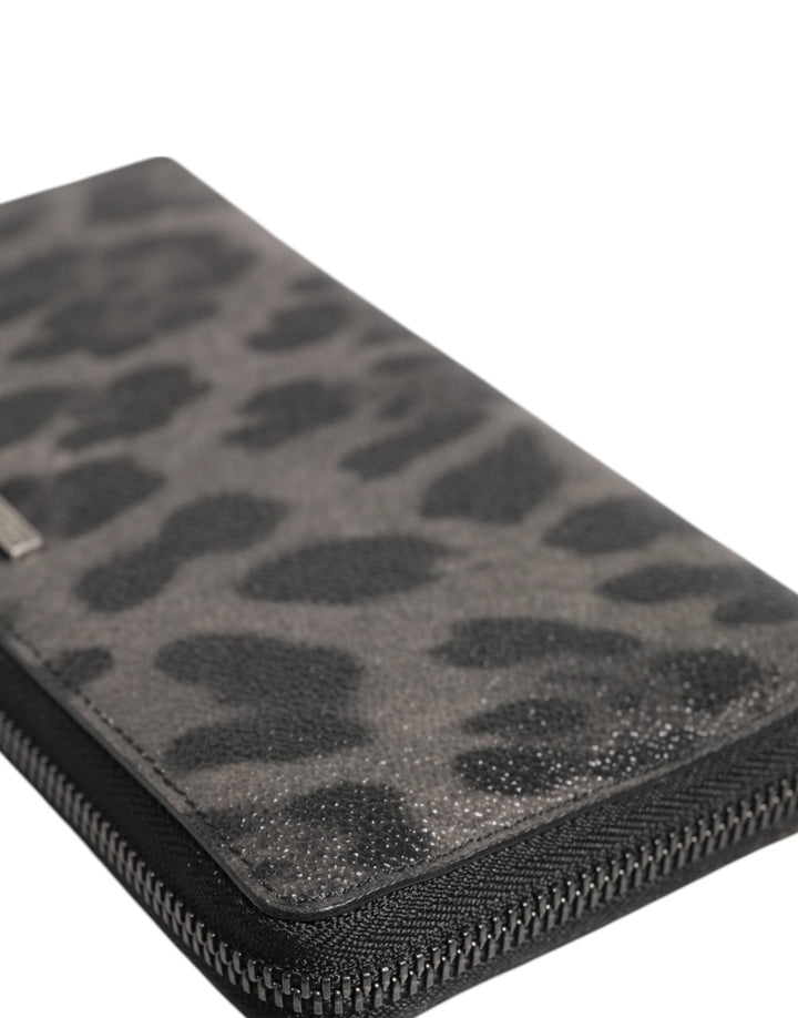 Dolce &amp; Gabbana Black Gray Leopard Leather Zip Around Continental Wallet