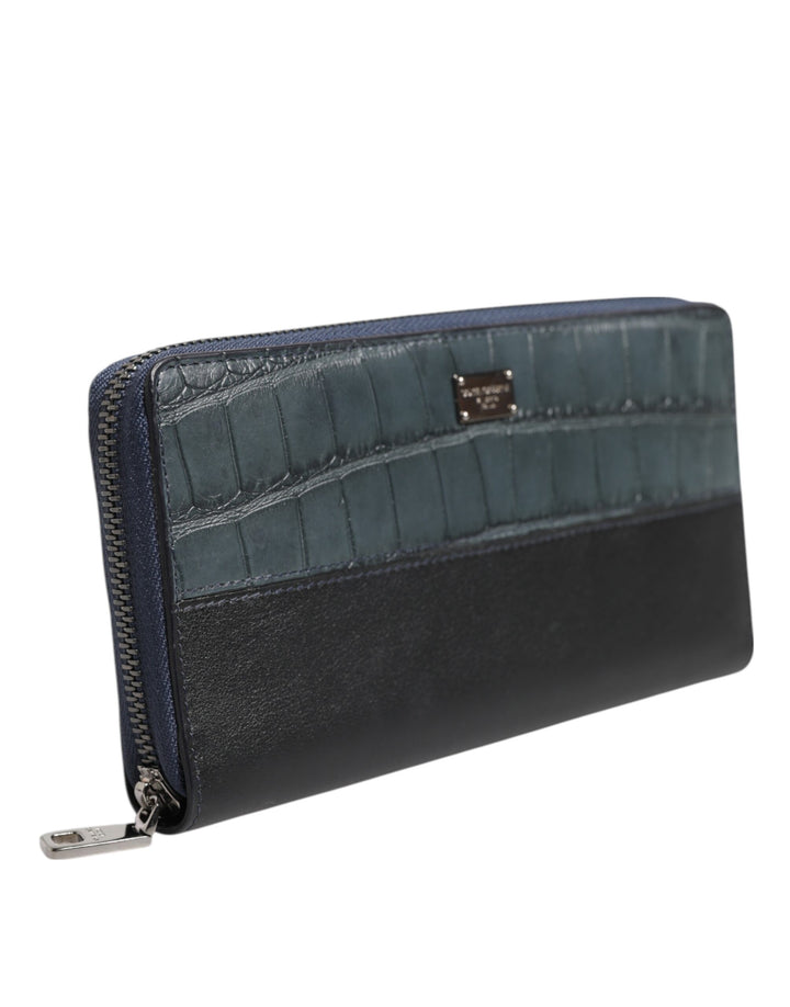 Dolce &amp; Gabbana Black Blue Exotic Leather Men Continental Clutch Wallet