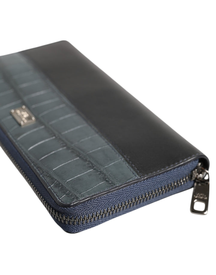 Dolce &amp; Gabbana Black Blue Exotic Leather Men Continental Clutch Wallet