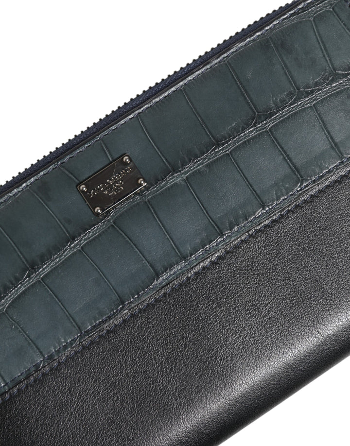 Dolce &amp; Gabbana Black Blue Exotic Leather Men Continental Clutch Wallet