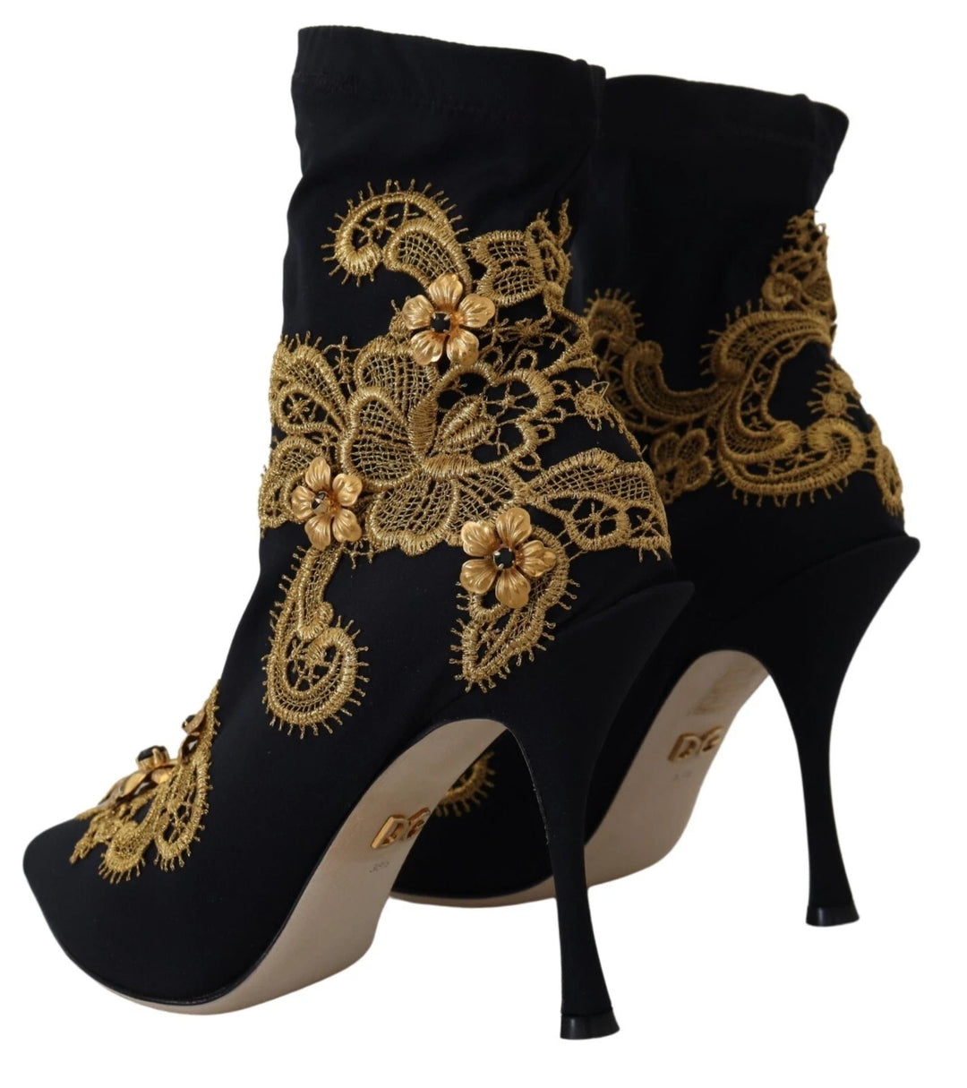 Dolce &amp; Gabbana Black Gold Embroidery Crystal Boots Shoes