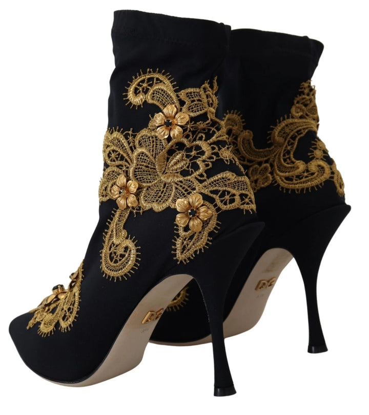 Dolce &amp; Gabbana Black Gold Embroidery Crystal Boots Shoes
