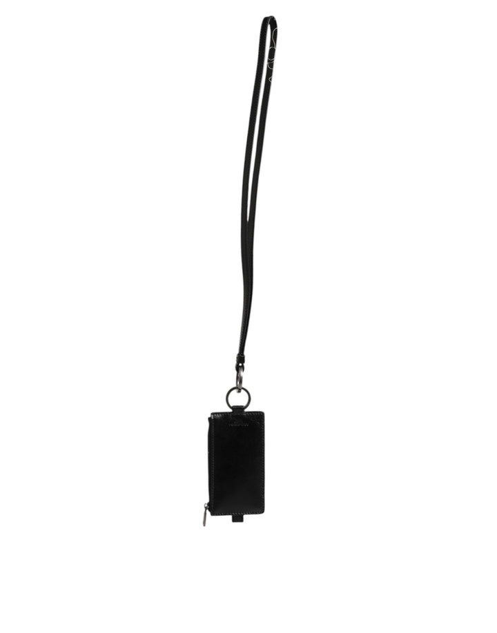 Dolce &amp; Gabbana Black Leather Logo Embossed Lanyard Card Holder Wallet