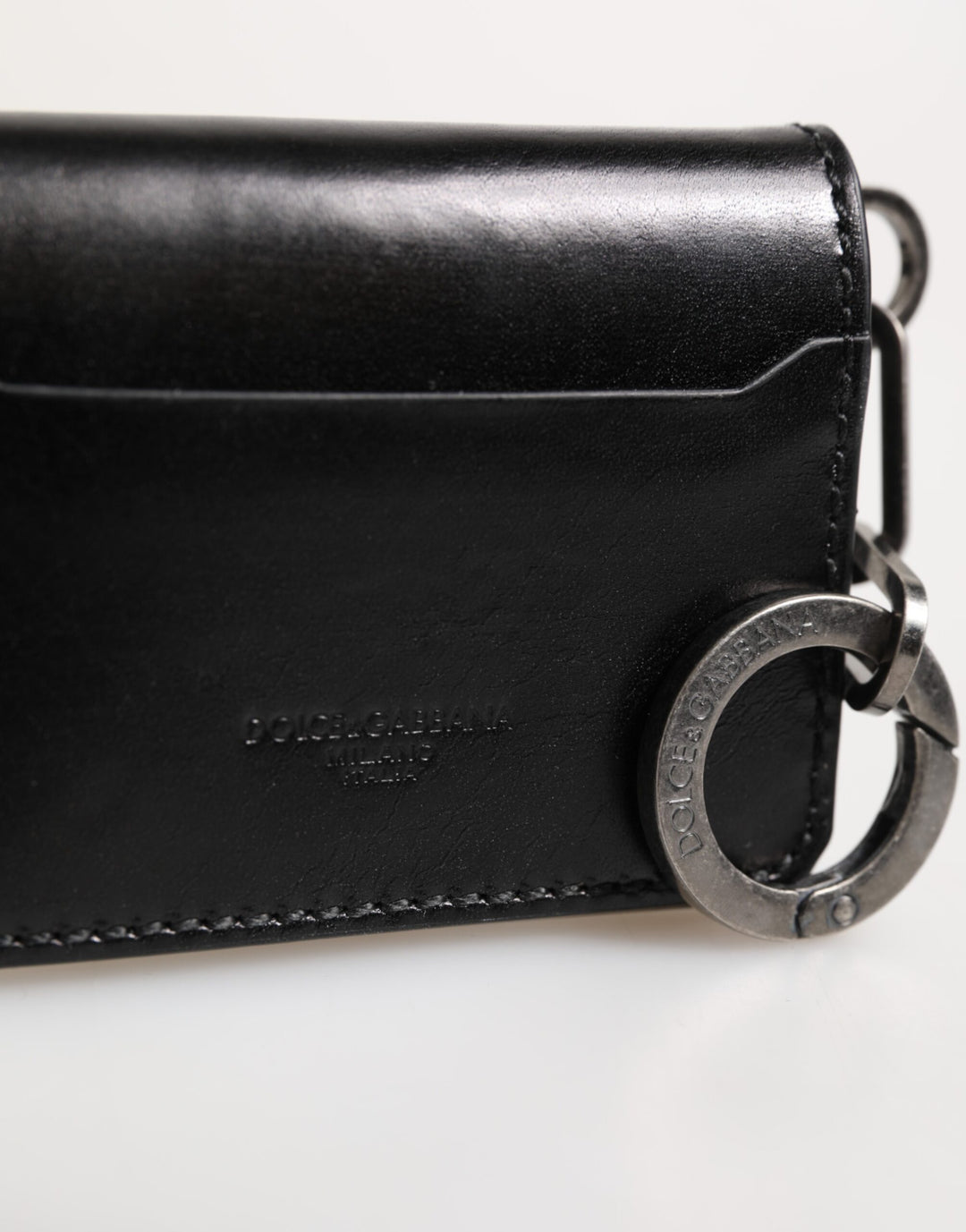 Dolce &amp; Gabbana Wallet Black Leather Logo Embossed Key Chain Card Holder Wallet