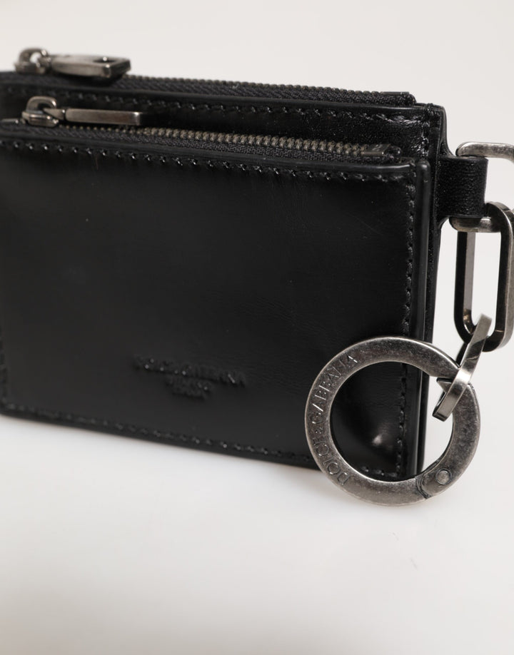 Dolce &amp; Gabbana Black Leather Zipped Card Holder Coin Purse Keyring Wallet
