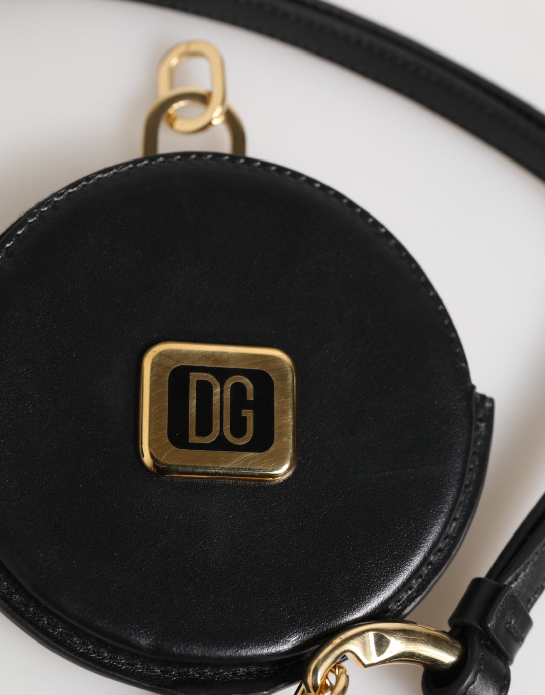 Dolce &amp; Gabbana Black Round Leather DG Logo Coin Purse Lanyard Wallet