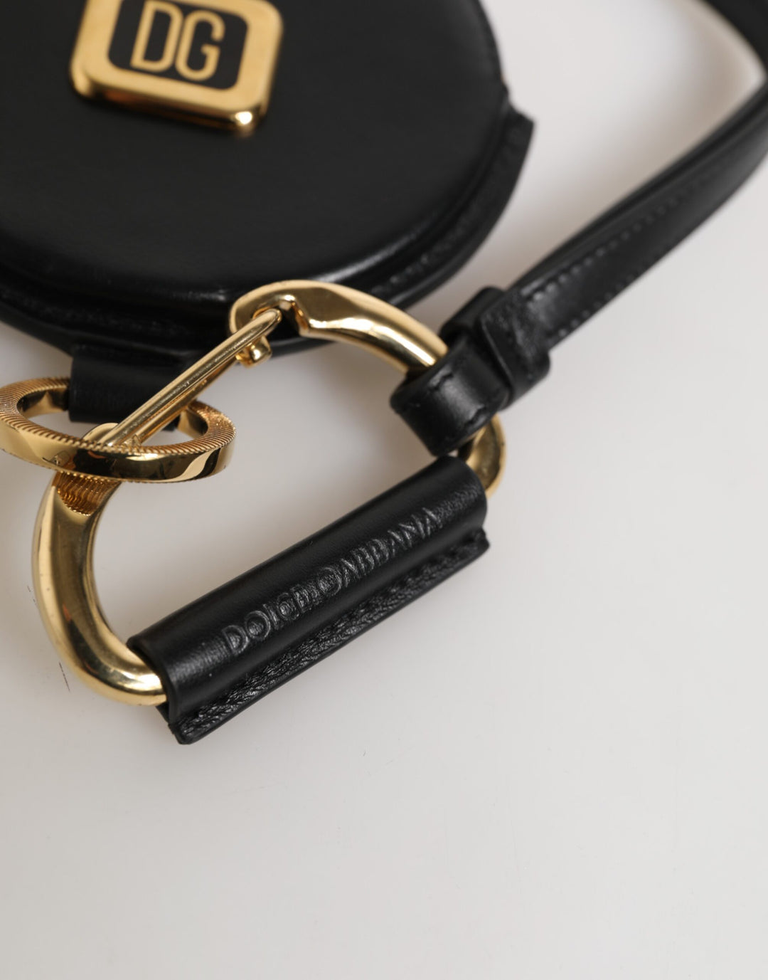 Dolce &amp; Gabbana Black Round Leather DG Logo Coin Purse Lanyard Wallet
