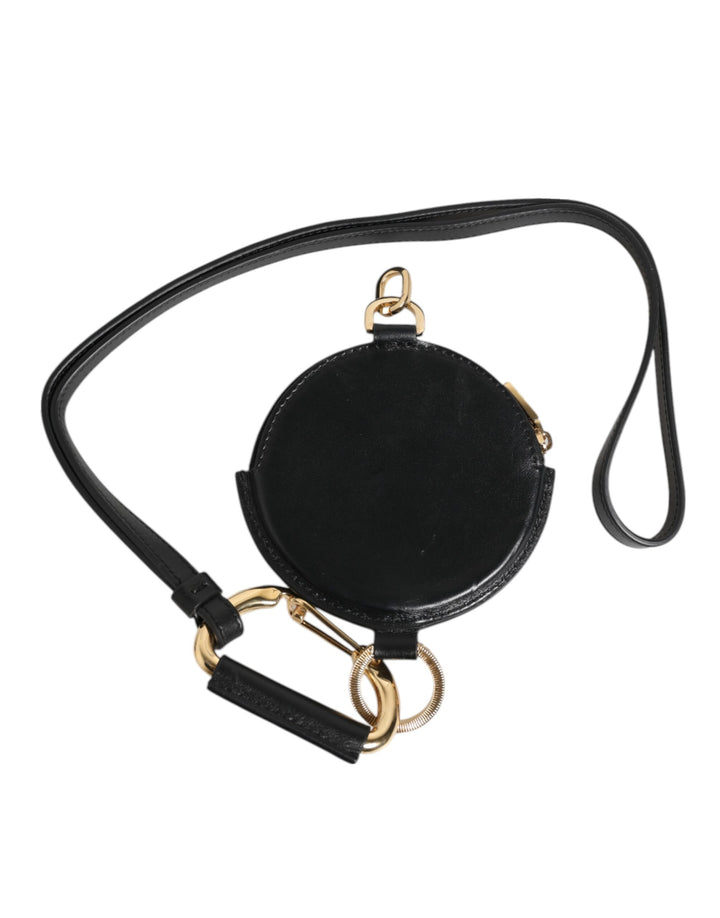 Dolce &amp; Gabbana Black Round Leather DG Logo Coin Purse Lanyard Wallet