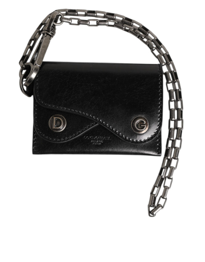 Dolce &amp; Gabbana Black Cavallo Leather Wallet Chain Snap Bifold Card Holder