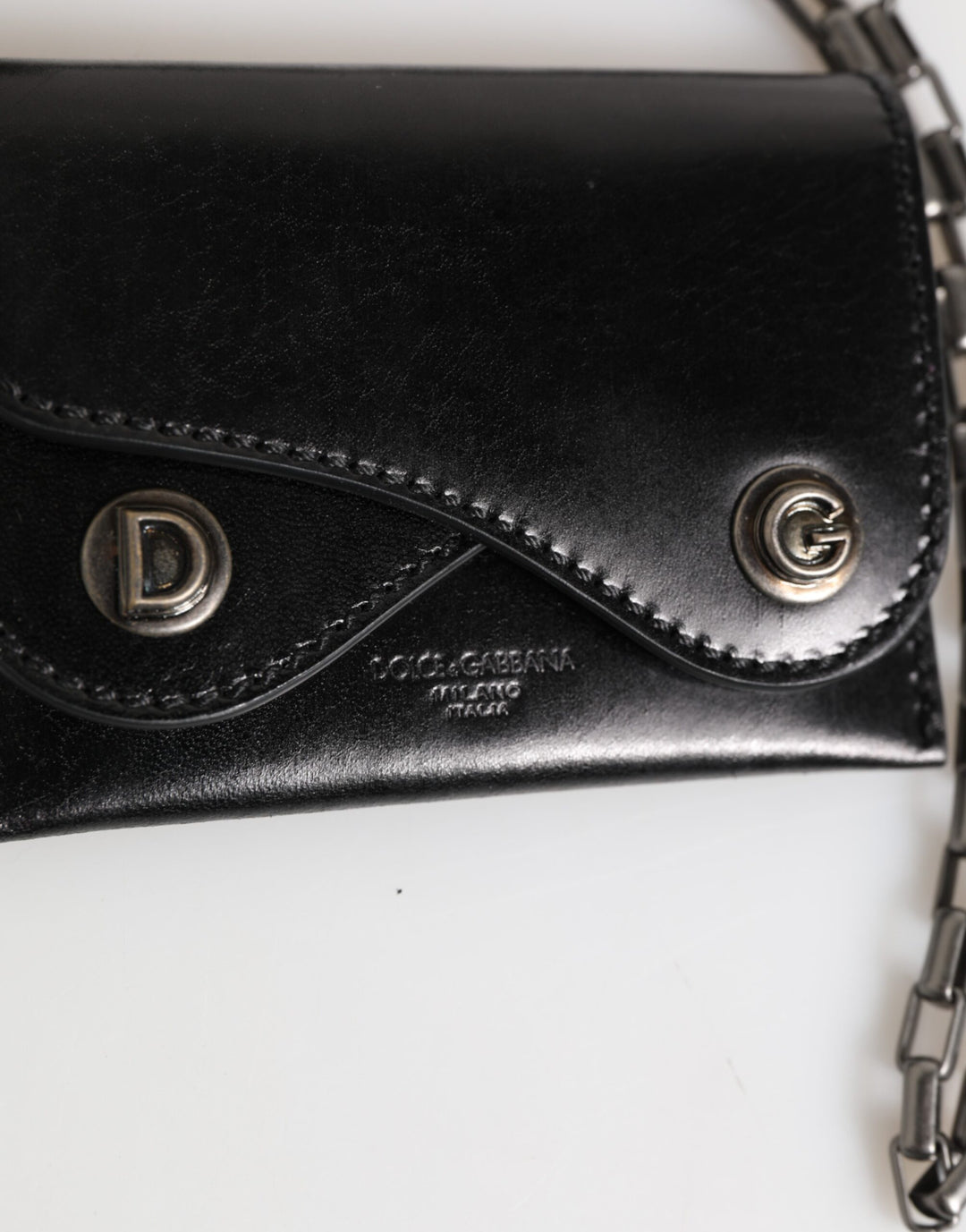 Dolce &amp; Gabbana Black Cavallo Leather Wallet Chain Snap Bifold Card Holder