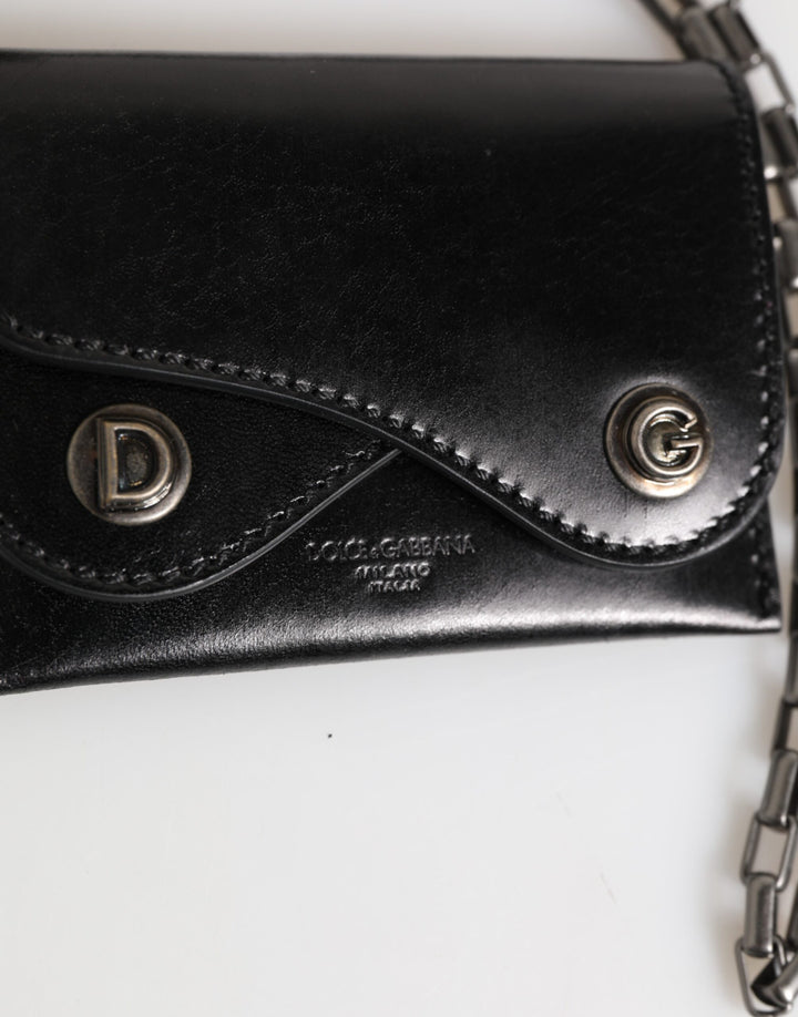Dolce &amp; Gabbana Black Cavallo Leather Wallet Chain Snap Bifold Card Holder