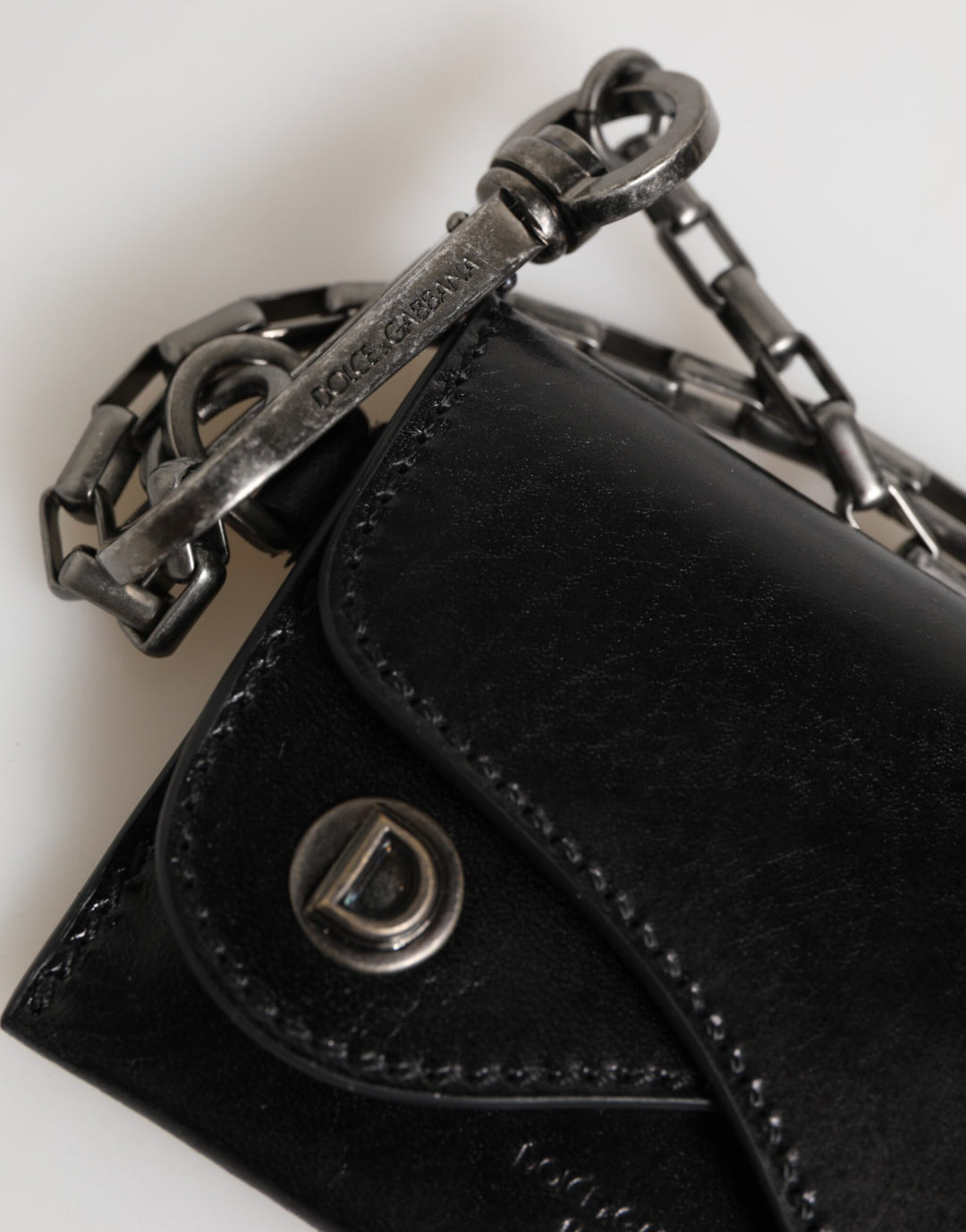 Dolce &amp; Gabbana Black Cavallo Leather Wallet Chain Snap Bifold Card Holder