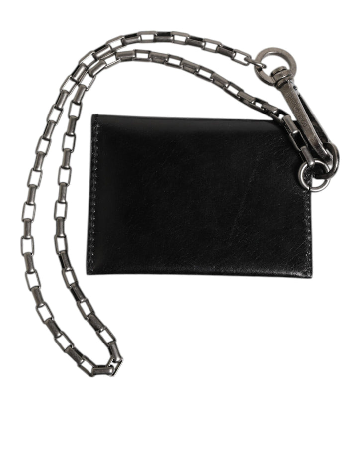 Dolce &amp; Gabbana Black Cavallo Leather Wallet Chain Snap Bifold Card Holder