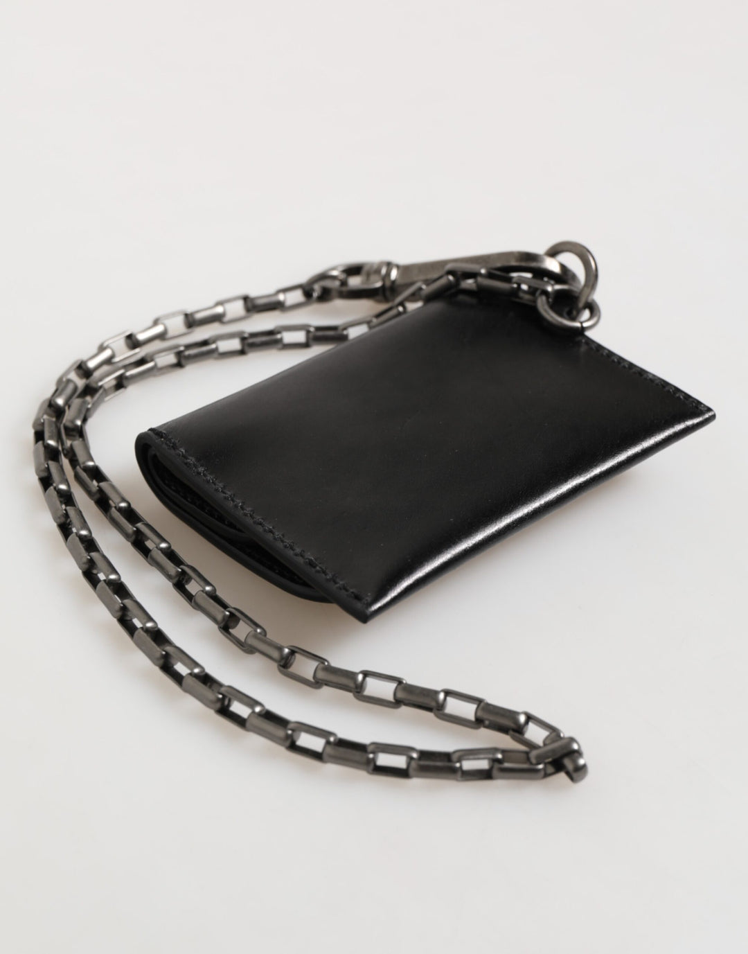 Dolce &amp; Gabbana Black Cavallo Leather Wallet Chain Snap Bifold Card Holder