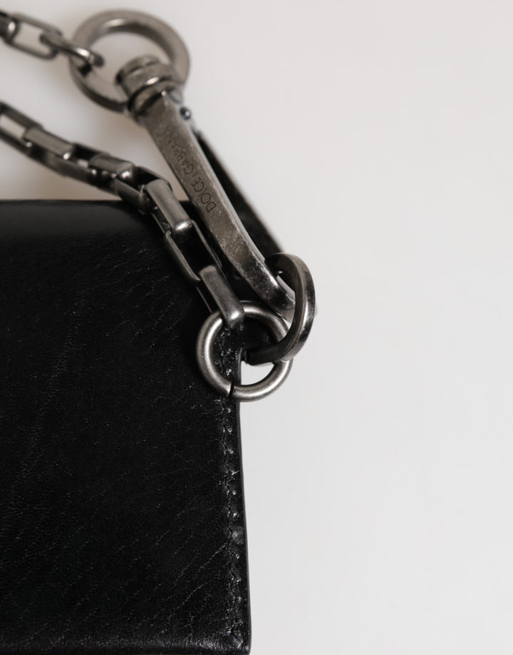 Dolce &amp; Gabbana Black Cavallo Leather Wallet Chain Snap Bifold Card Holder