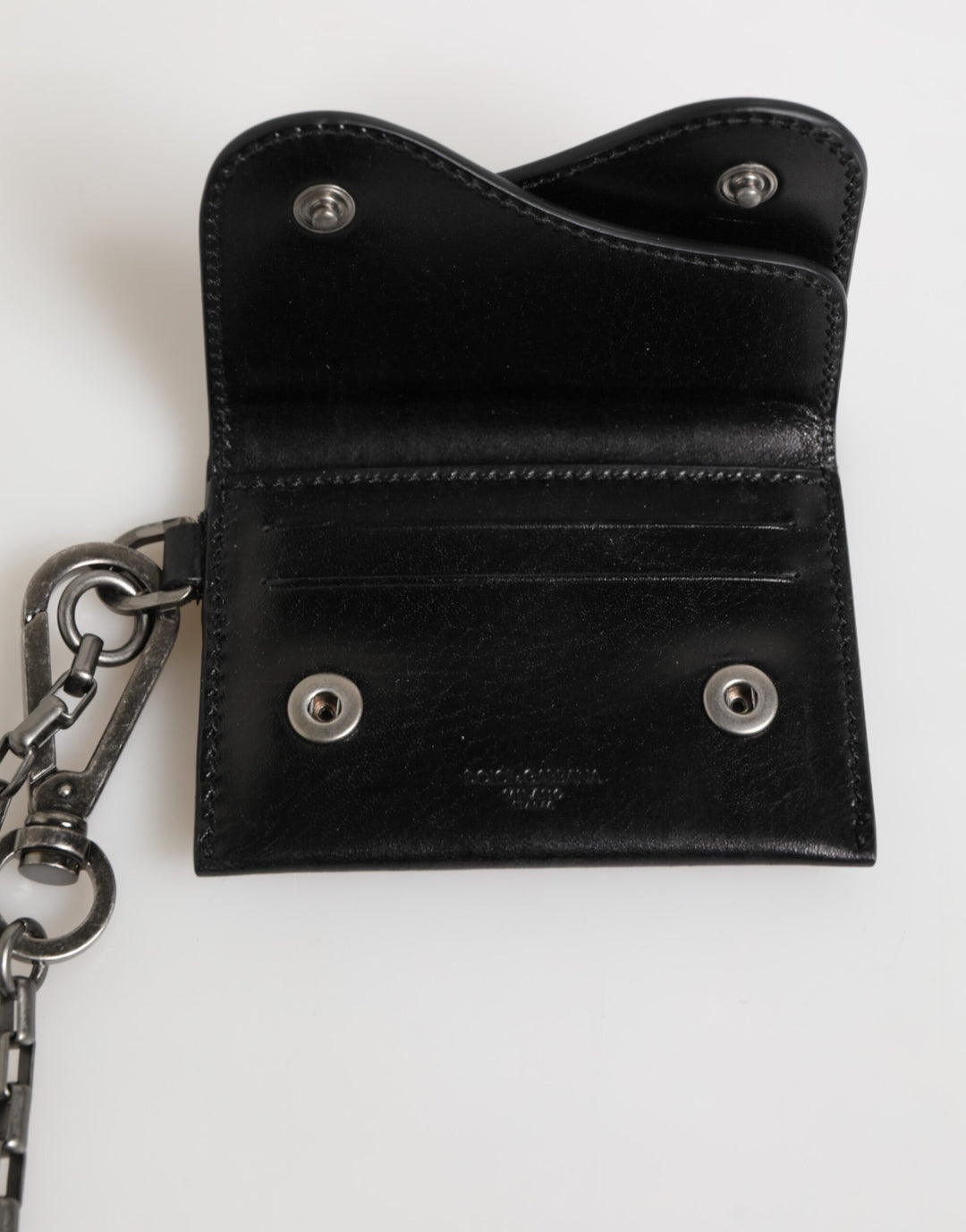 Dolce &amp; Gabbana Black Cavallo Leather Wallet Chain Snap Bifold Card Holder