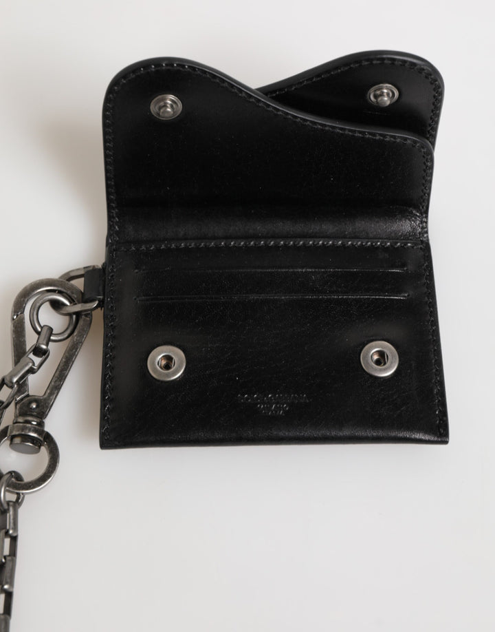 Dolce &amp; Gabbana Black Cavallo Leather Wallet Chain Snap Bifold Card Holder
