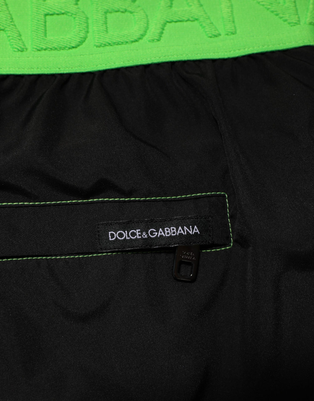 Dolce &amp; Gabbana Black Green Logo Waistband Beachwear Short Swimwear