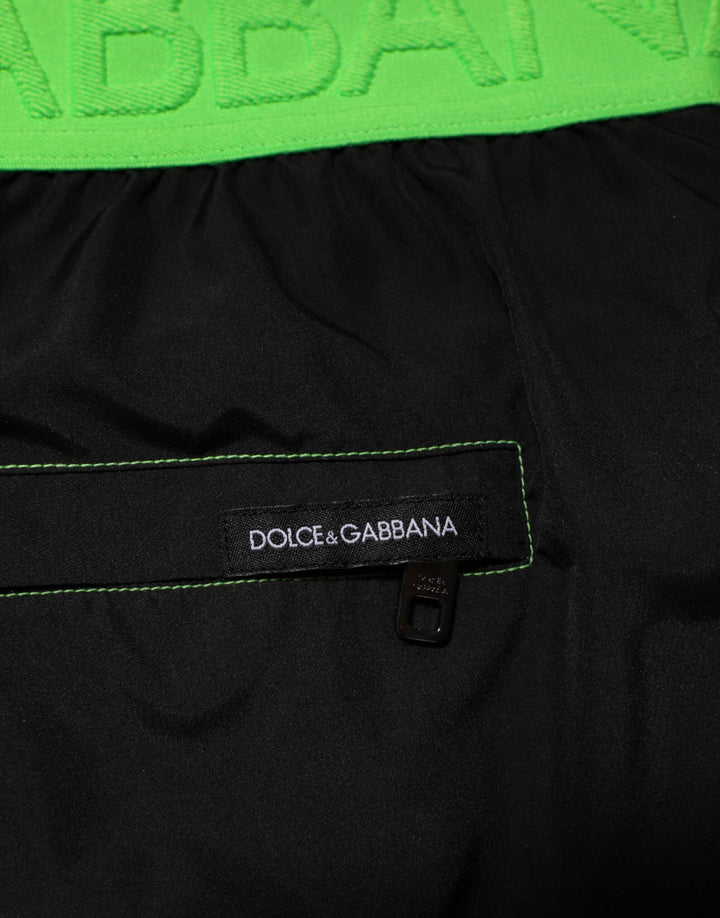 Dolce &amp; Gabbana Black Green Logo Waistband Beachwear Short Swimwear