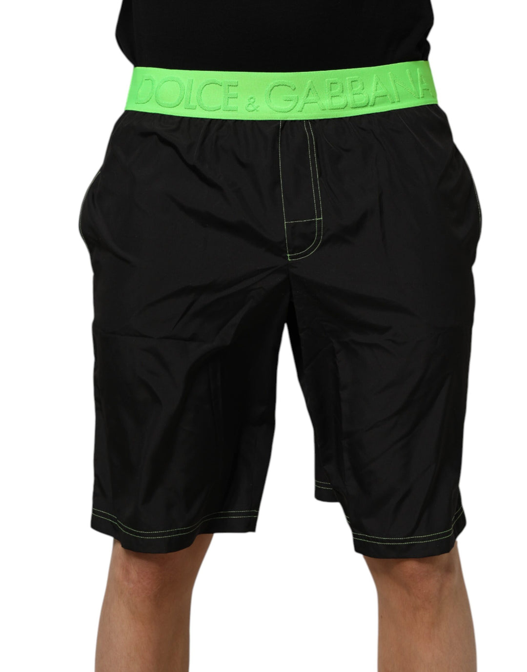Dolce &amp; Gabbana Black Green Logo Waistband Beachwear Short Swimwear