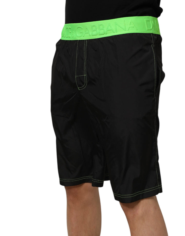 Dolce &amp; Gabbana Black Green Logo Waistband Beachwear Short Swimwear