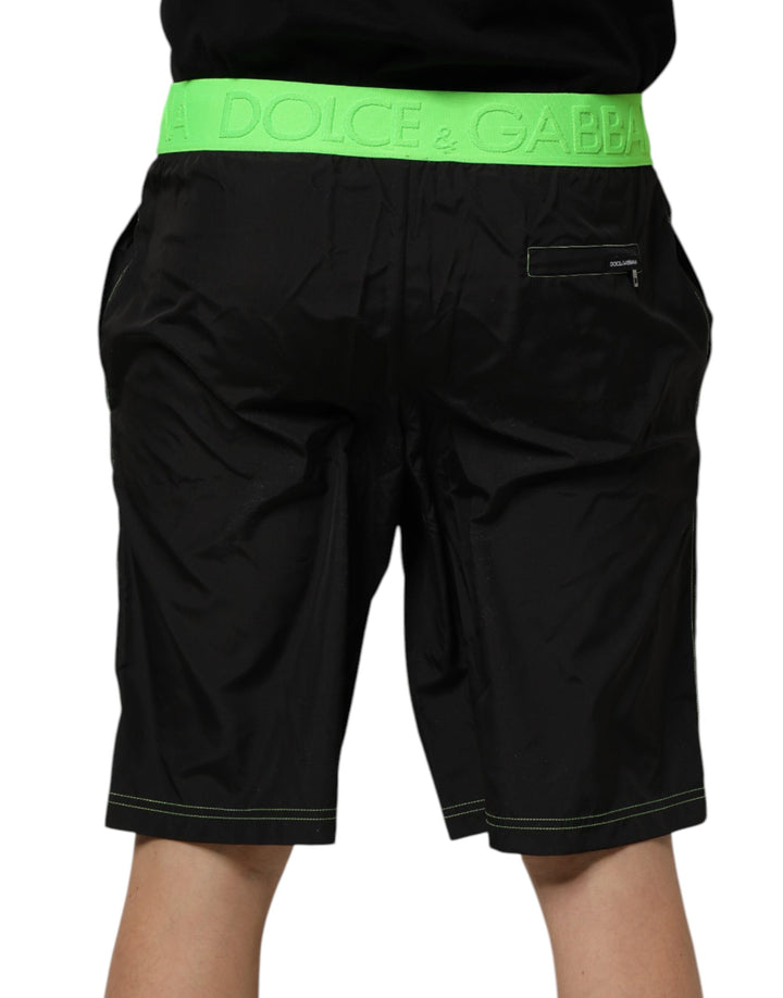 Dolce &amp; Gabbana Black Green Logo Waistband Beachwear Short Swimwear