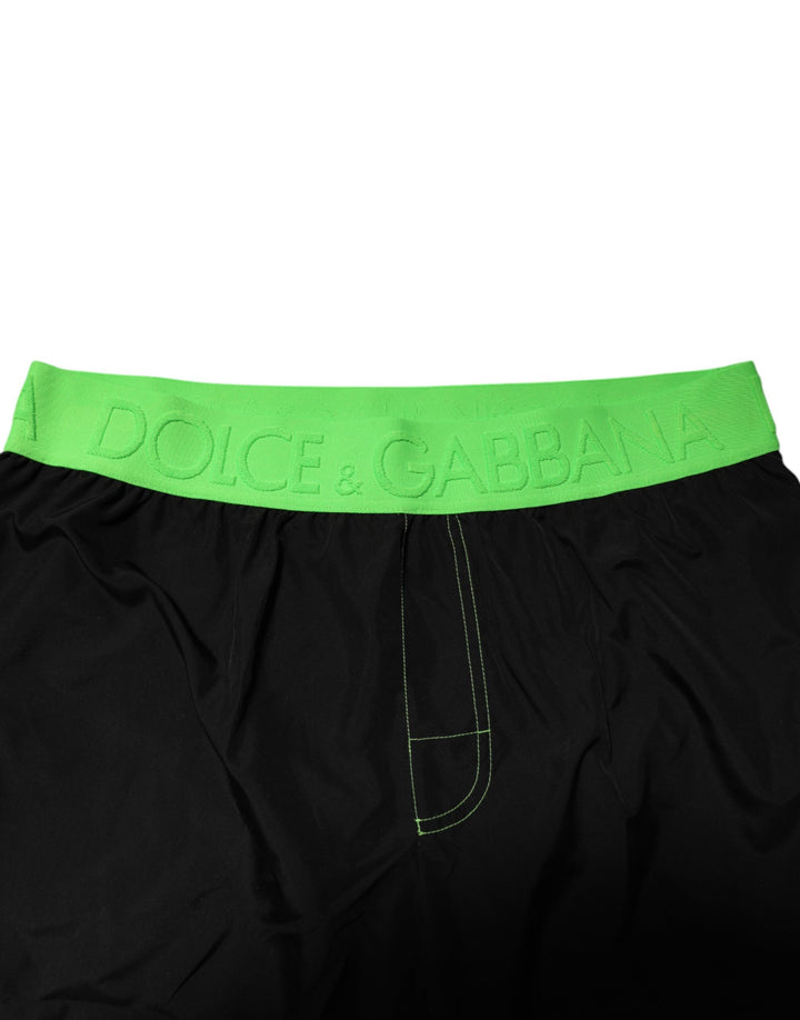 Dolce &amp; Gabbana Black Green Logo Waistband Beachwear Short Swimwear