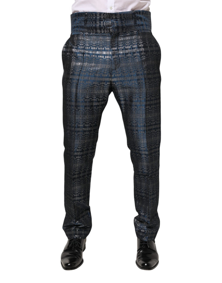 Dolce &amp; Gabbana Blue Silver Shiny Silk Skinny Men Trouser Pants