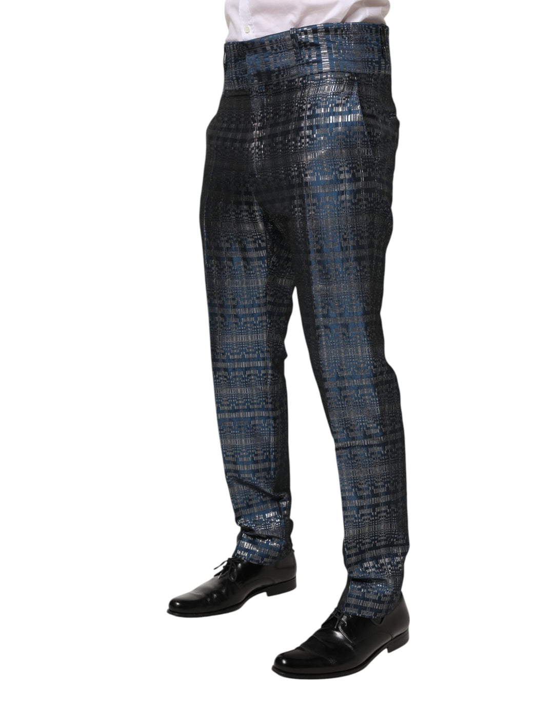 Dolce &amp; Gabbana Blue Silver Shiny Silk Skinny Men Trouser Pants
