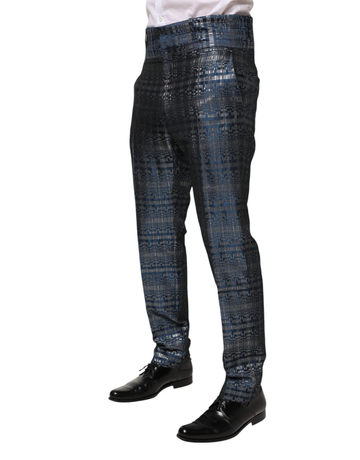 Dolce &amp; Gabbana Blue Silver Shiny Silk Skinny Men Trouser Pants