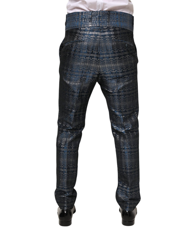 Dolce &amp; Gabbana Blue Silver Shiny Silk Skinny Men Trouser Pants