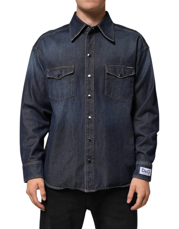 Dolce &amp; Gabbana Blue Denim Button Casual Logo Patch Men Shirt