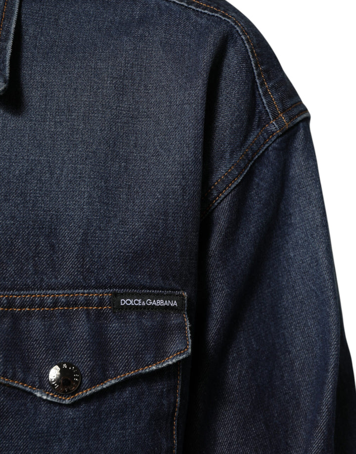 Dolce &amp; Gabbana Blue Denim Button Casual Logo Patch Men Shirt