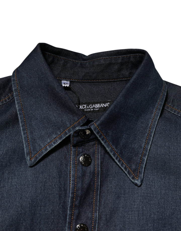 Dolce &amp; Gabbana Blue Denim Button Casual Logo Patch Men Shirt
