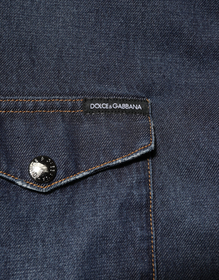 Dolce &amp; Gabbana Blue Denim Button Casual Logo Patch Men Shirt