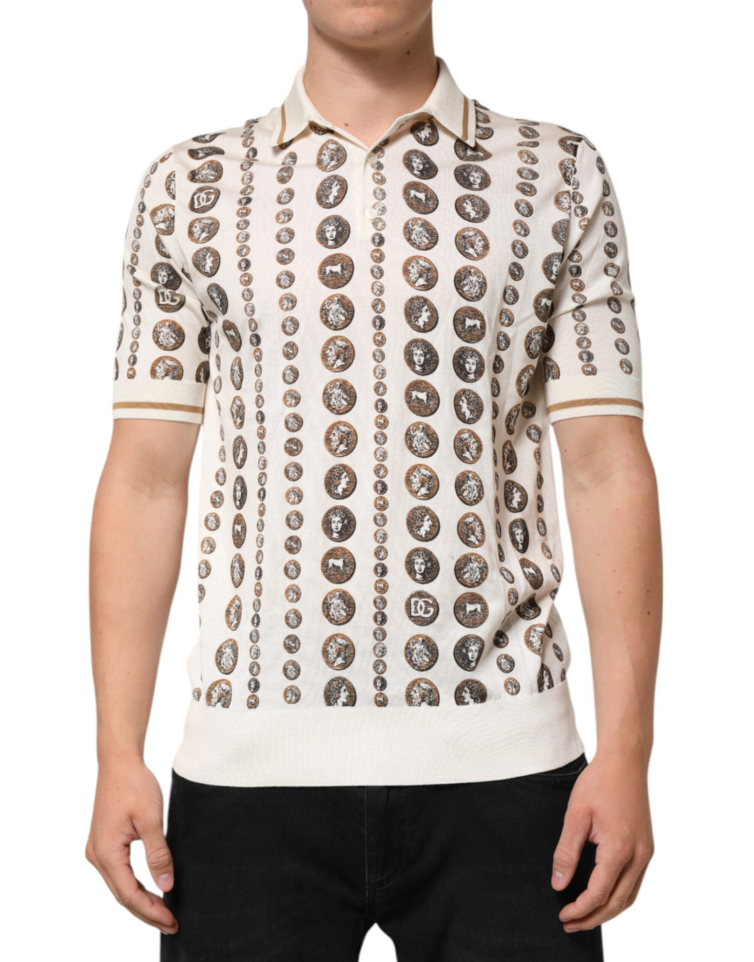 Dolce &amp; Gabbana Silk Ivory Coin Print Logo Men Polo T-shirt