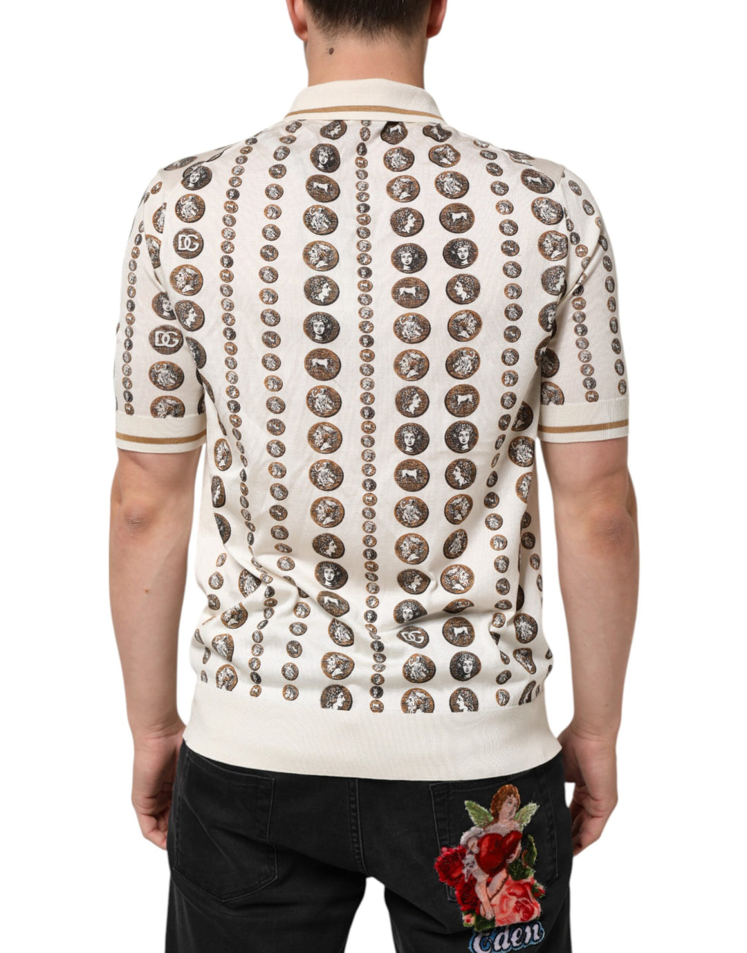 Dolce &amp; Gabbana Silk Ivory Coin Print Logo Men Polo T-shirt