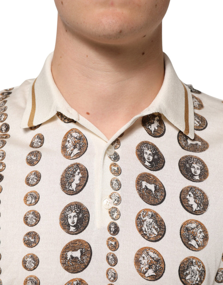Dolce &amp; Gabbana Silk Ivory Coin Print Logo Men Polo T-shirt