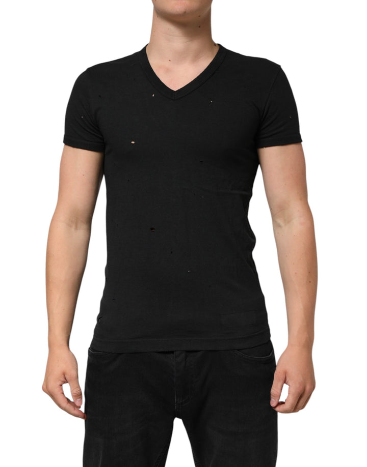 Dolce &amp; Gabbana Black Cotton Tattered Logo V-Neck Men T-shirt